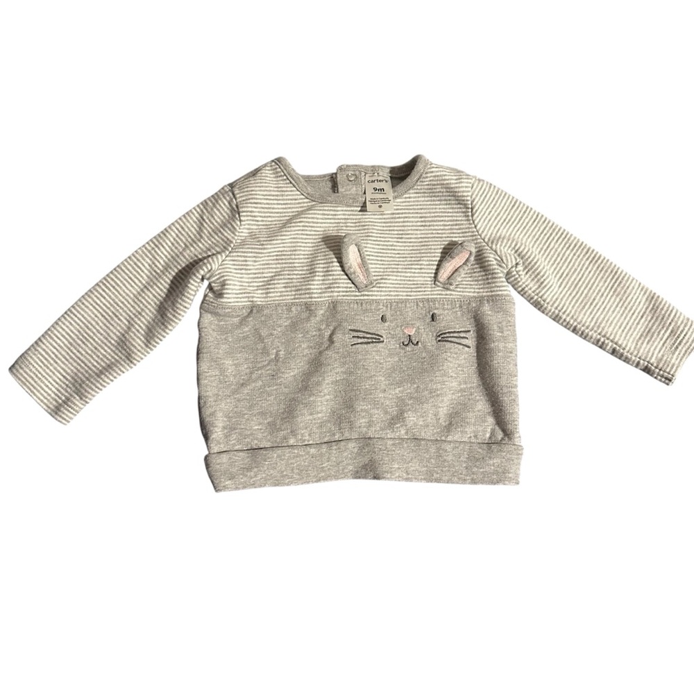 Carter's Baby Bunny‎ Face Sweatshirt 9 Months Gray Striped Easter Pullover